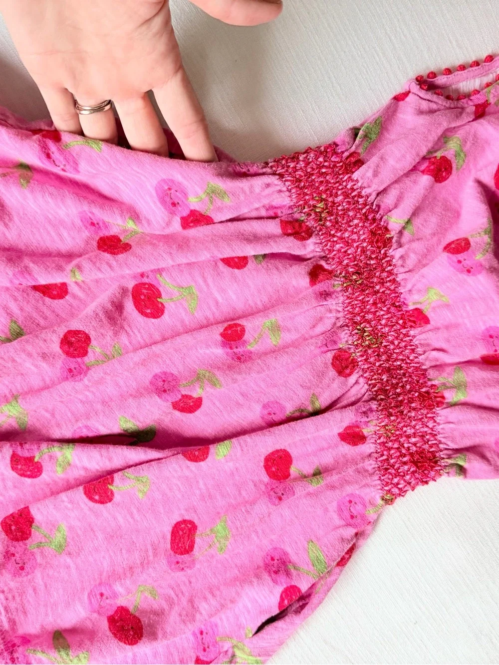Mini Boden Pink Cherry Smocked Waist Sleeveless Dress size 5-6yr